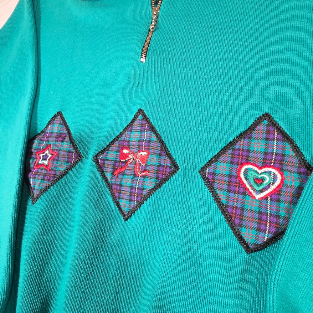 Vintage 90s Koret Sport Teal Ribbed Quarter Zip Sweatshirt Plaid Patches Small - Picture 2 of 8